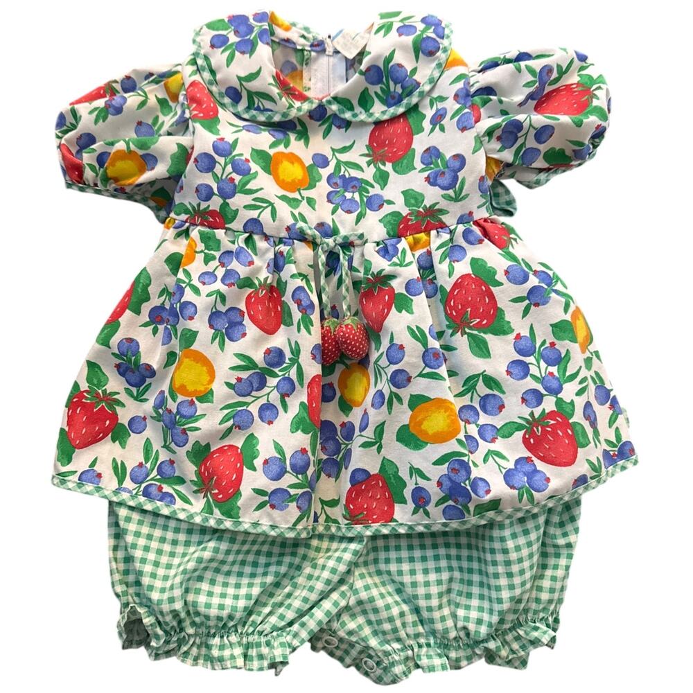 VTG Baby 18M Fruit Print Bubble Romper Gingham One Piece Strawberry Tassels